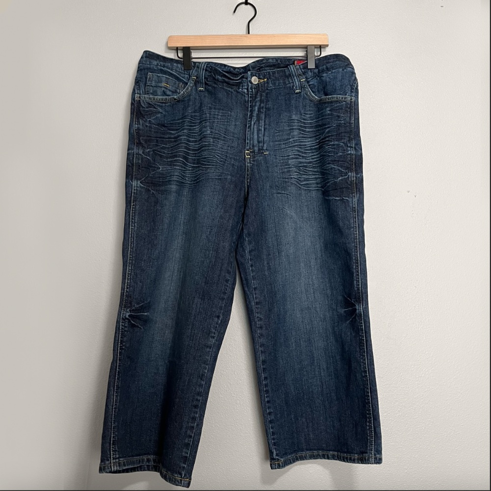 Seven7 -  RARE Y2K Vintage Wide Leg Crop Gold Embroidered Blue Jean - Size 18 - Picture 2 of 11